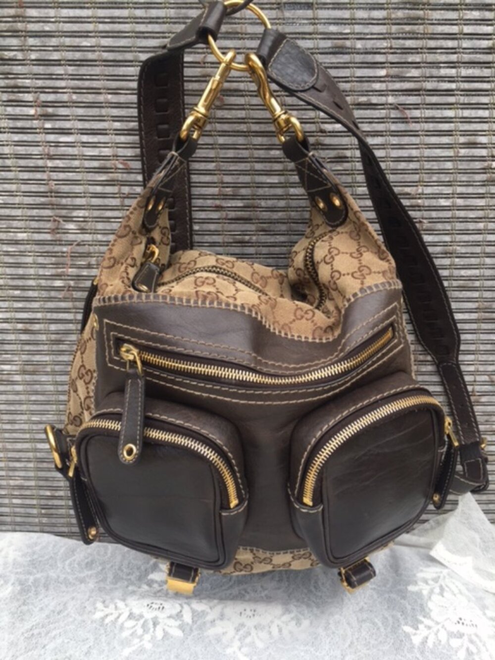 GUCCI GG TAN AND BROWN MONOGRAM BACKPACK/ 2 WAY  HANDEL - ID HOLDER